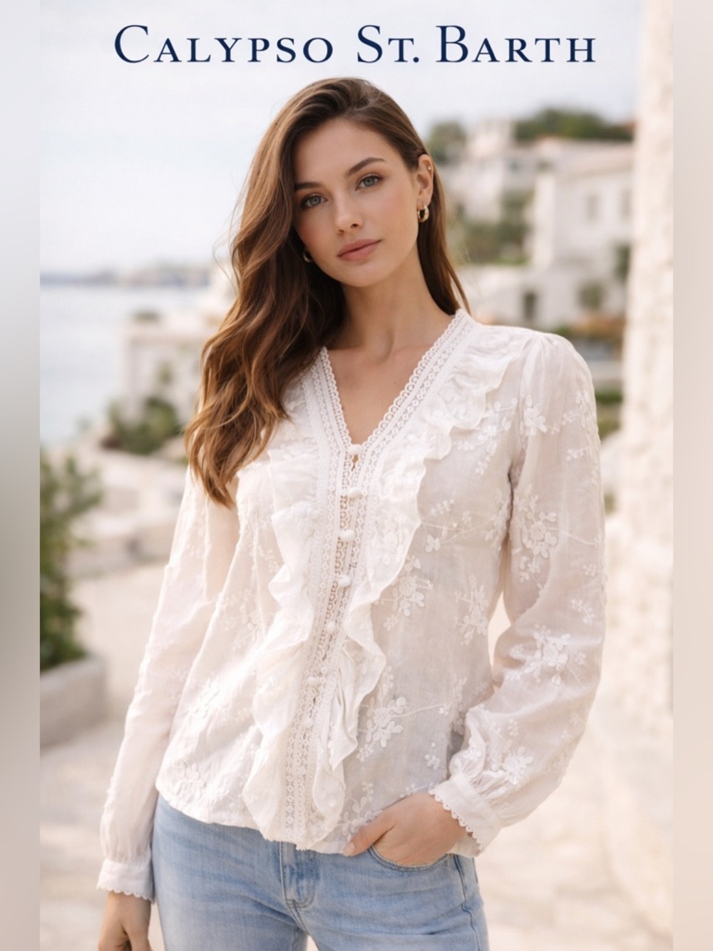 Calypso St. Barth White Embroidered Blouse Ruffle Lace Boho Cottagecore Top XS/S